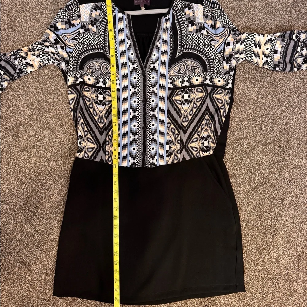 Hale Bob Black White Blue Tan Design Long Sleeve Pullover Dress Sz L Knee Length - Picture 16 of 16